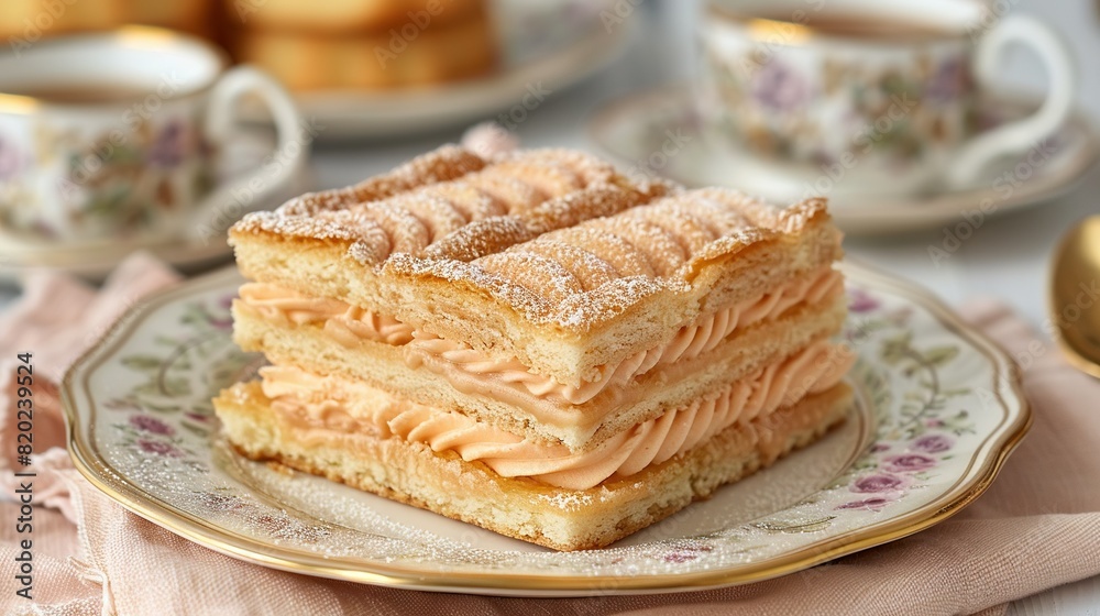 A plate with a stack of cakes sits atop a table, accompanied by a cup and saucer A plate with a stack of cakes sits atop a table, accompanied by a cup and saucer