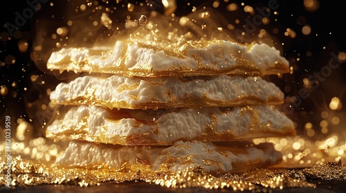  A close-up of golden doughnuts on a black and gold background with sprinkles