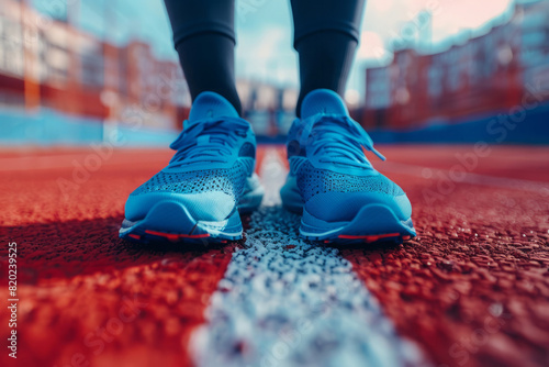 Athlete wearing bright blue running shoes on red stadium track during training. Sportsman legs in sport sneakers at racetrack. Fitness and healthy lifestyle concept