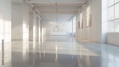 An empty room with white walls and a modern interior  offering a perspective view of an office or gallery hall with ceiling lamps  illustrated as a realistic white box