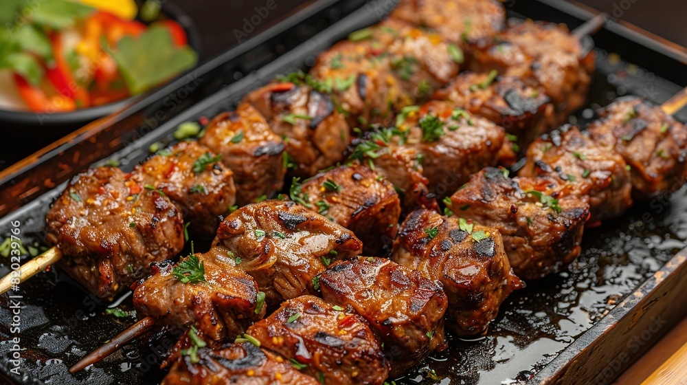   A close-up of a skewered meat dish, showcasing the juicy slices on skewers
