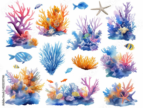 Watercolor sea bottom arrangements on white background
