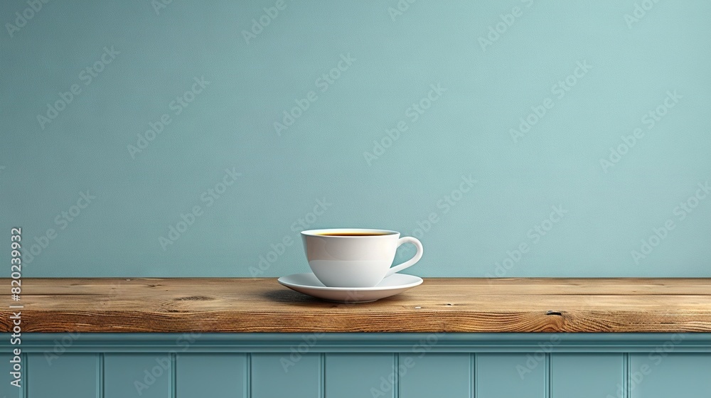 A wooden table supports a cup of coffee, while a blue background wall is visible behind it A wooden table supports a cup of coffee, while a blue background wall is visible behind it