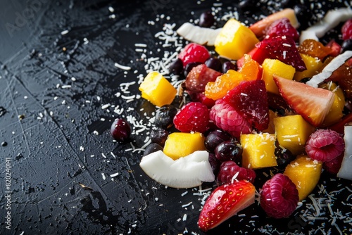 Closeup of fruit salad on table with colorful fruits, delicious and healthy