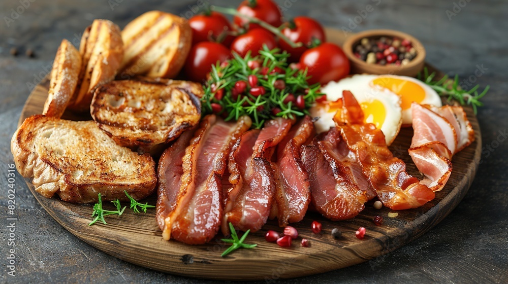 A close-up photo of an egg, bacon, toast, and tomato-filled plate A close-up photo of an egg, bacon, toast, and tomato-filled plate