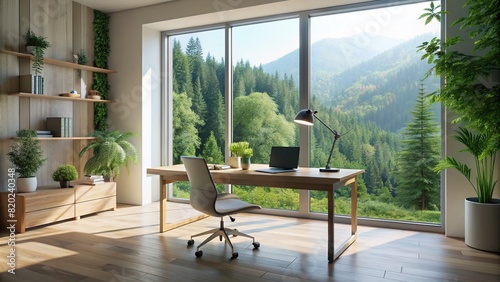 A minimalist workspace flooded with daylight  featuring an unobstructed view of nature