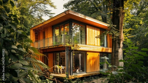 Sustainable Wooden House Surrounded by Greenery Watchword © NewaysStock