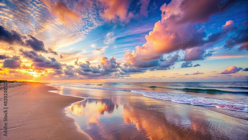An empty beach at sunrise, with soft pastel colors painting the sky