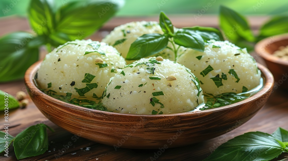 A bowl of green leaves sits beside a larger serving of food in the background A bowl of green leaves sits beside a larger serving of food in the background