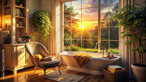 A cozy corner bathed in golden hour sunlight, perfect for afternoon relaxation with a good book photo