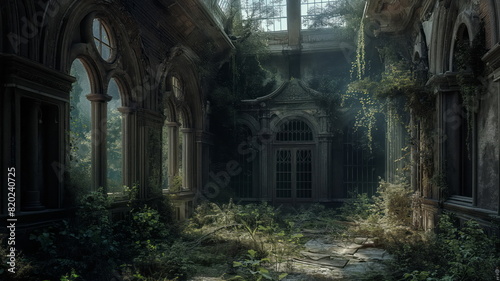 Abandoned palace castle overgrown with vegetation  ivy and vines. Empty atrium halls  no one around. Building is captured by nature and vegetation