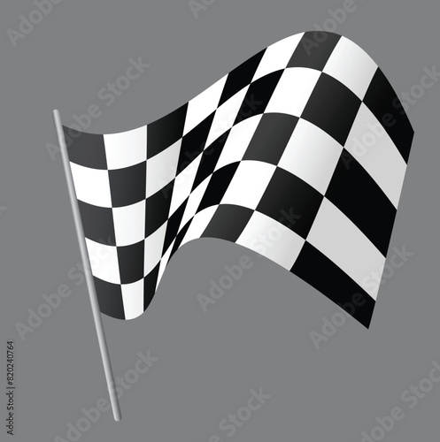 Waving checkered flag on the gray background. Finish flag for racing events. Vector illustration.	