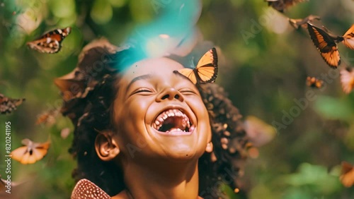 A young girl joyfully laughing in the midst of a swarm of vibrant butterflies, A child laughing while chasing butterflies photo