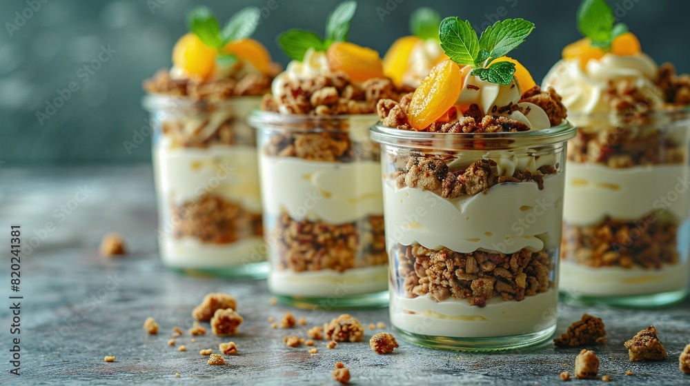 A close-up image of a dessert in a glass containing fruit and nuts at the top and bottom A close-up image of a dessert in a glass containing fruit and nuts at the top and bottom