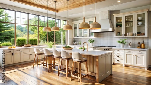 A bright kitchen flooded with natural light  showcasing clean lines and organic textures for a fresh  inviting feel.