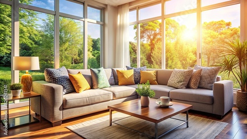 A modern living room bathed in sunlight  with a comfortable sofa and throw pillows arranged for relaxation and comfort