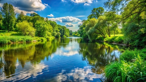 A peaceful riverside setting with lush greenery and clear skies  offering a sense of serenity and connection with nature.