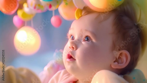 A chubby-cheeked baby gazes adoringly up at the camera, A chubby-cheeked baby gazing adoringly at a colorful mobile above their crib photo