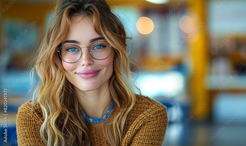 Joyful Young Female Teacher in Glasses Seated at Kindergarten Desk, Radiating Happiness and Confidence in Educational Setting Joyful Young Female Teacher in Glasses Seated at Kindergarten Desk, Radiating Happiness and Confidence in Educational Setting