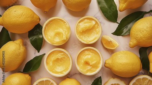   Lemons arranged in rows on a table with halved lemons beside them