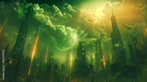 A bustling green city under a cloudy sky, with buildings and streets visible amid the clouds, A cityscape bombarded by cosmic rays from a nearby black hole photo