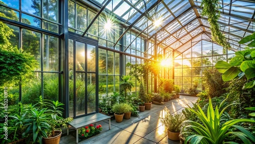 A modern greenhouse filled with lush greenery, illuminated by the sun's rays