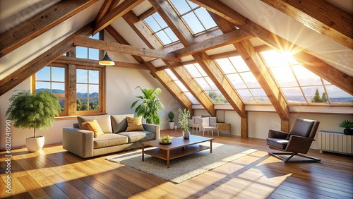An airy attic space with exposed beams  illuminated by the soft glow of daylight