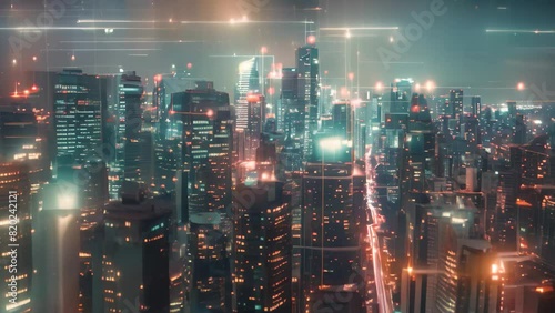 Wallpaper Mural A cityscape dominated by tall buildings illuminated by numerous lights in the night, A cityscape controlled by a centralized AI system Torontodigital.ca