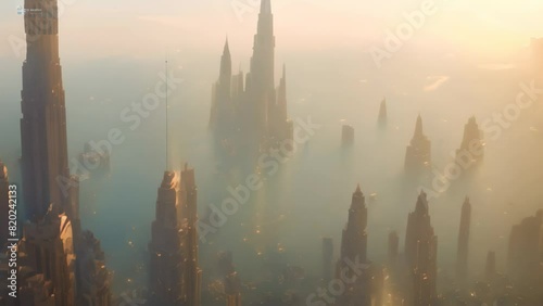 A cityscape featuring numerous towering buildings characteristic of a futuristic urban environment, A cityscape controlled by a totalitarian regime using advanced tech photo