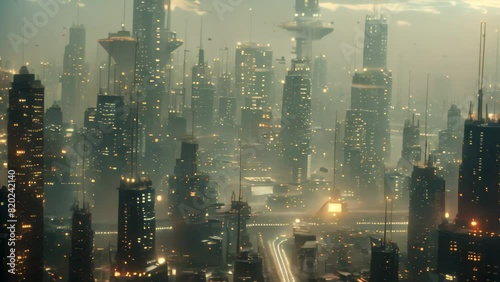 A city dominated by towering skyscrapers and modern architecture under a totalitarian regime, A cityscape controlled by a totalitarian regime using advanced tech photo