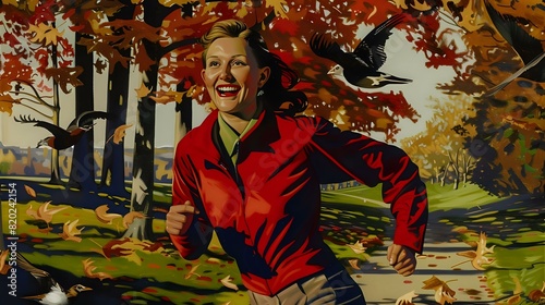 Joyful runner enjoying a nature trail with trees and birds