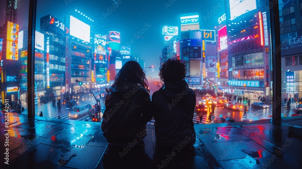 Couple enjoying the city lights from a high vantage point Couple enjoying the city lights from a high vantage point