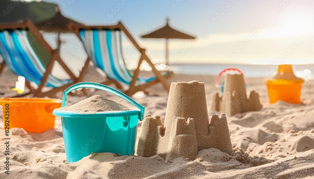 Sand castle made of play buckets on the beach Sand castle made of play buckets on the beach