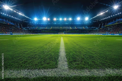 A dramatic view of an empty soccer stadium with lights shining down onto the green grass