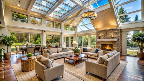 An expansive living room with vaulted ceilings and skylights, creating an open and airy atmosphere