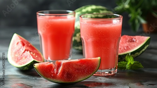  Two glasses of watermelon juice with a slice and a glass of watermelon juice on the side