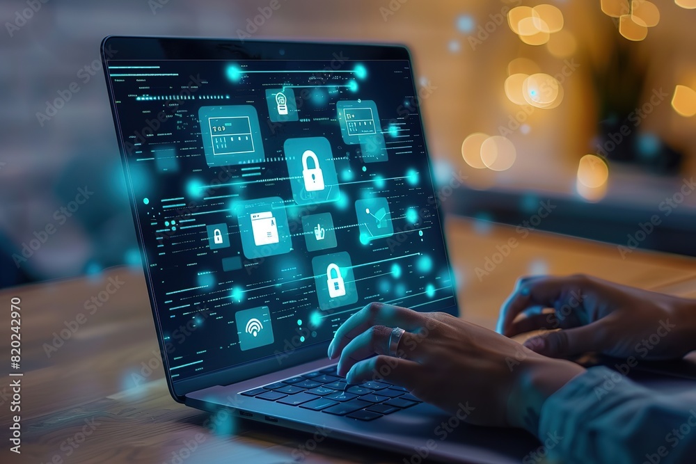 A person using laptop computer with digital icons of security A person using laptop computer with digital icons of security