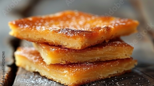   A stack of sugary squares on a wooden cutting board photo