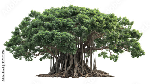 Banyan tree PNG transparent background, green lush with aerial roots, Generative Ai	
