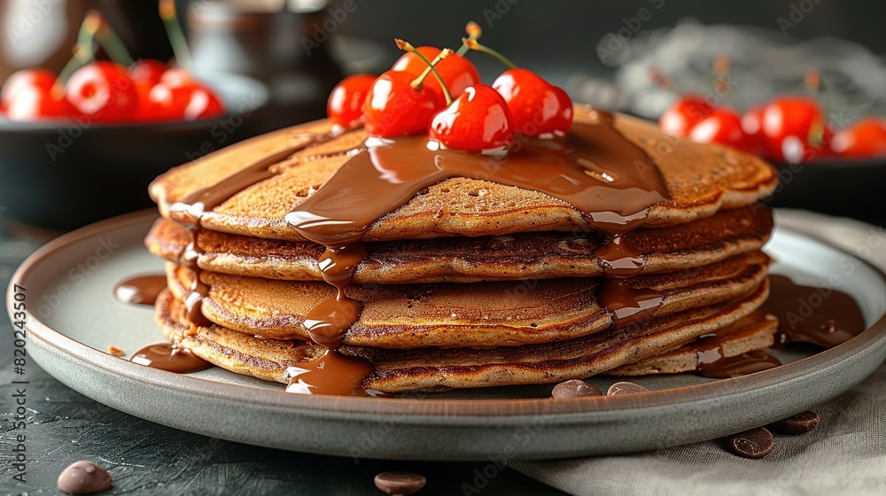 A plate featuring a stack of chocolate-syrup pancakes topped with fresh cherries, surrounded by a bowl of cherries in the background A plate featuring a stack of chocolate-syrup pancakes topped with fresh cherries, surrounded by a bowl of cherries in the background