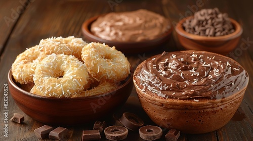  A bowl of chocolate-frosted doughnuts and another on a wooden table