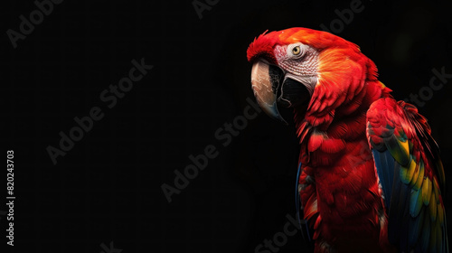 Solitary Parrot, Bright red macaw isolated on black background