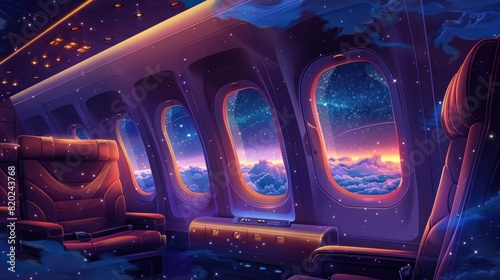 Nighttime Sojourn A Luxurious Airplane Cabin with Panoramic Night Sky Views photo