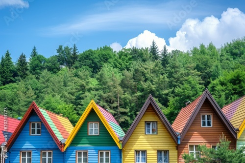 In the background, a forest complements a row of colorful houses
