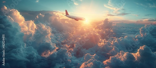 Airplane flying in the sky and blue clouds while the sun is bright photo