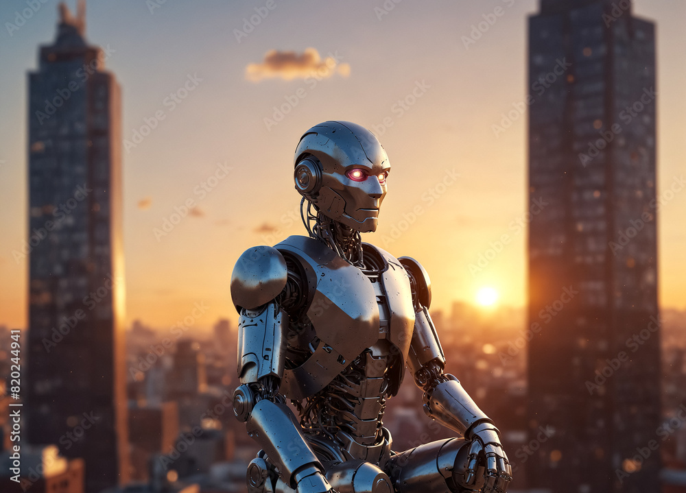 A humanoid robot watching the city from atop a tall building. A humanoid robot watching the city from atop a tall building.