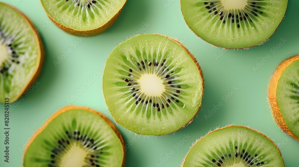Fresh kiwi slices on a green background. Minimalist food photography with copy space. Design for poster, banner, greeting card, invitation, postcard. Flat lay composition Fresh kiwi slices on a green background. Minimalist food photography with copy space. Design for poster, banner, greeting card, invitation, postcard. Flat lay composition