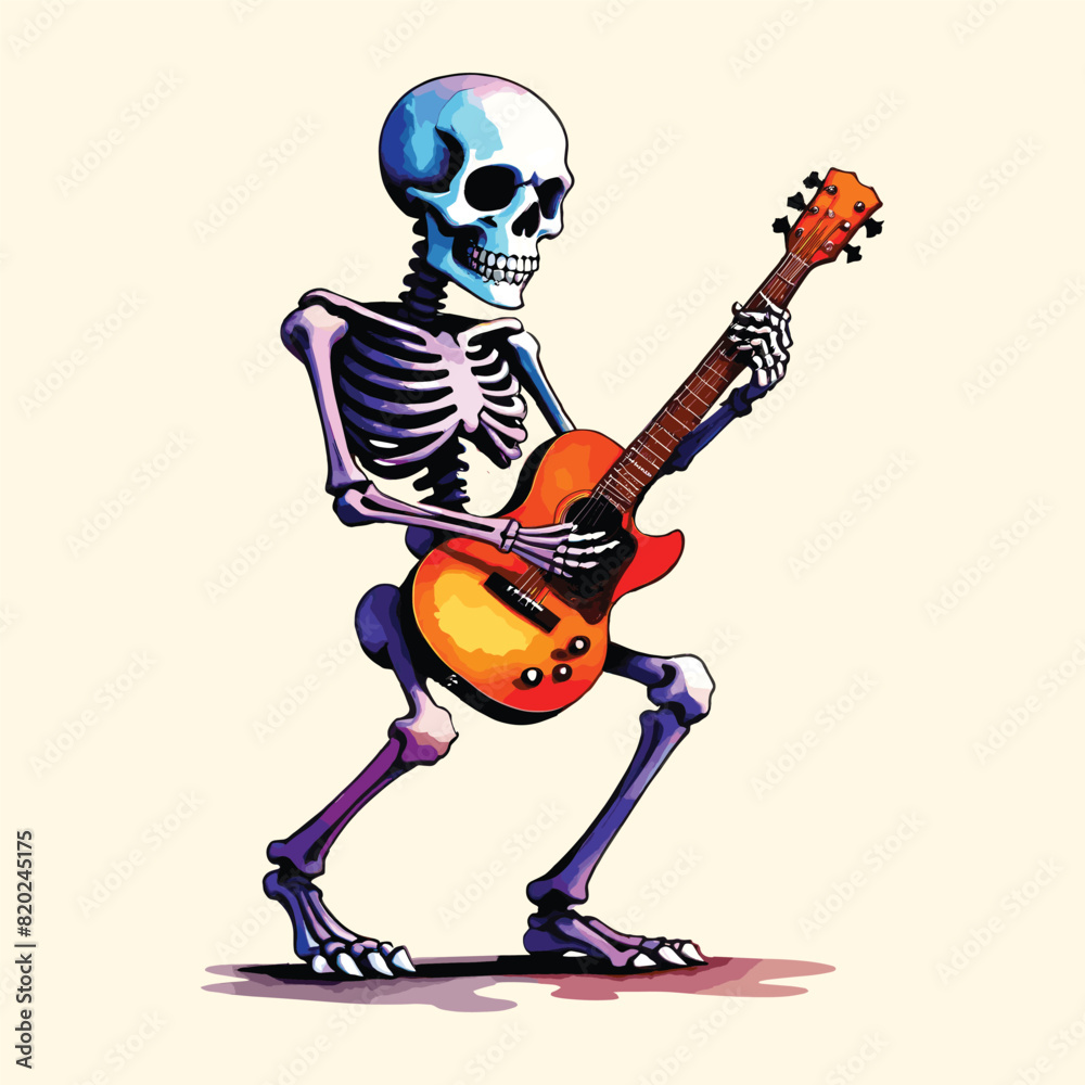 Fototapeta premium Watercolor Skeleton Playing Guitar Cartoon Illustration