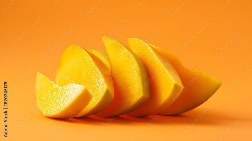 Fresh mango slices on an orange background. Minimalist food photography with copy space. Design for poster, banner, greeting card, invitation, postcard. Flat lay composition Fresh mango slices on an orange background. Minimalist food photography with copy space. Design for poster, banner, greeting card, invitation, postcard. Flat lay composition