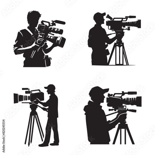 Vector Silhouette of Cameraman , Black and White Cameraman Illustration, Stylized Cameraman Silhouette, Professional Cameraman Silhouette